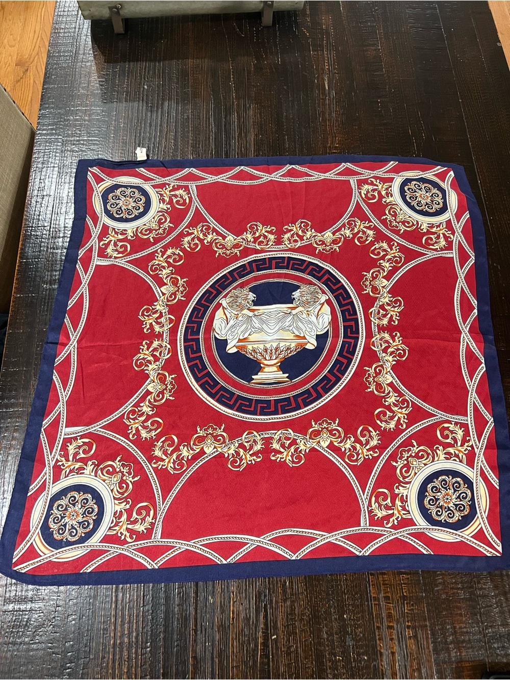 Ruggine Square Scarf 27” Red Navy Gold Lions Urn Baroque Ornate Print